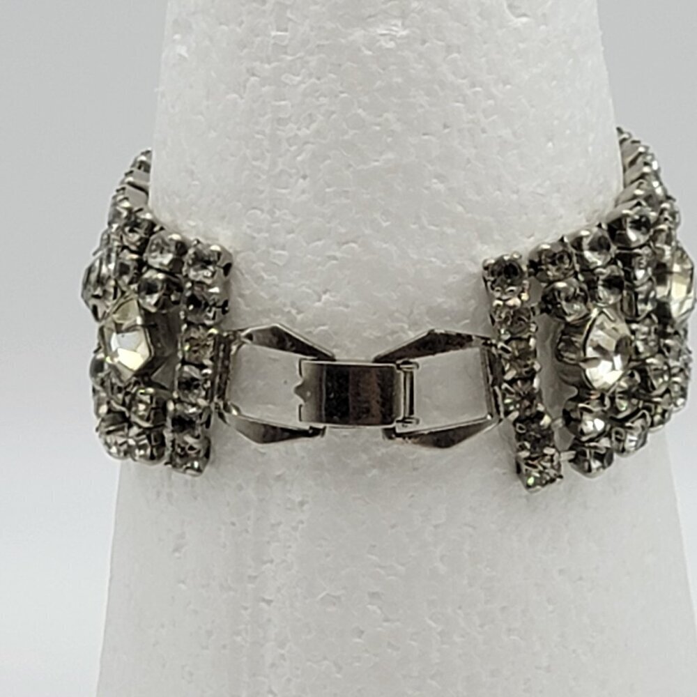 Vintage Crystal Tennis Bracelet Silver-Tone Fold Clasp Wide Statement 7 Inch - Picture 3 of 14